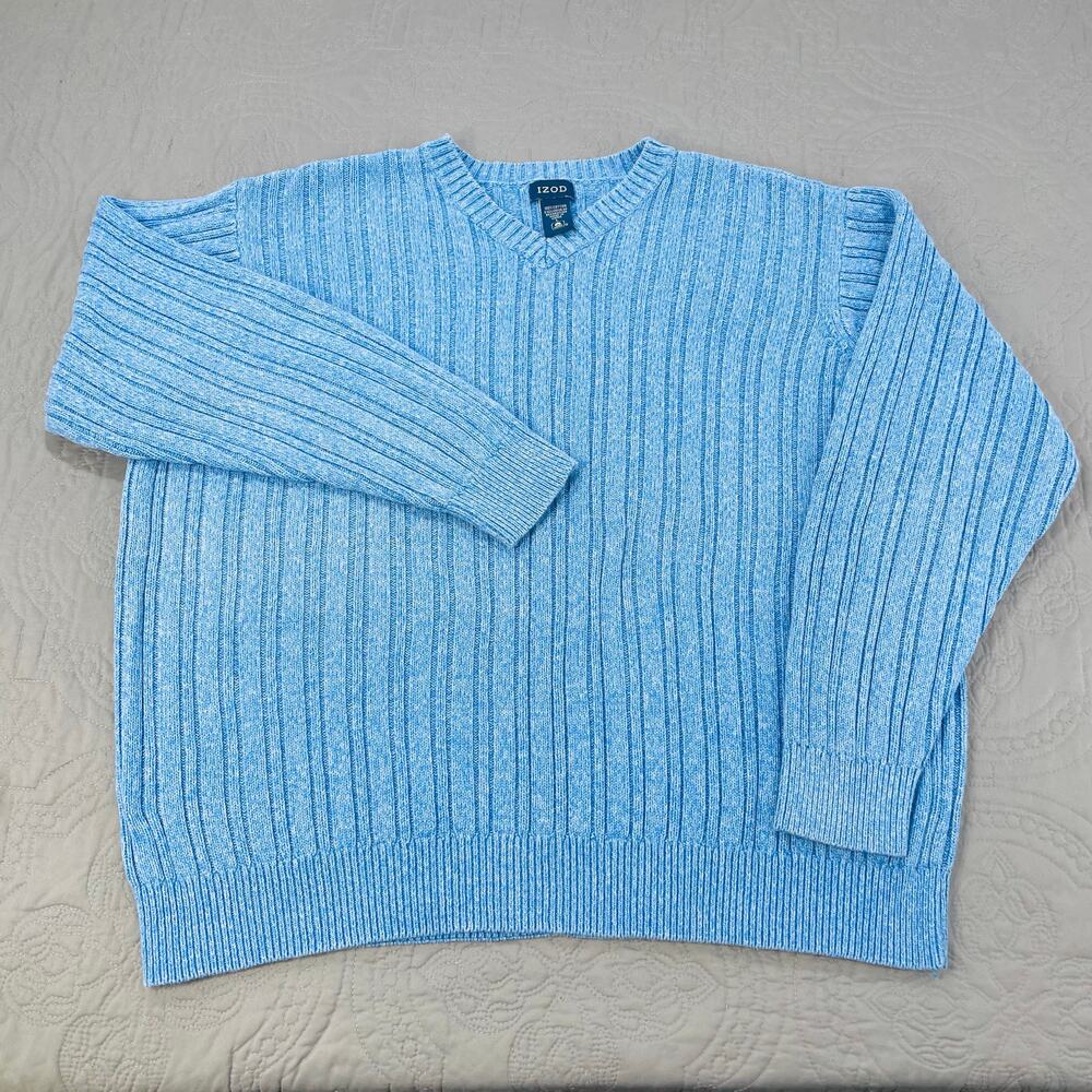 IZOD Sweater Mens Large Blue Ribbed Cotton Pullover Classic Vintage‎ Heavyweight